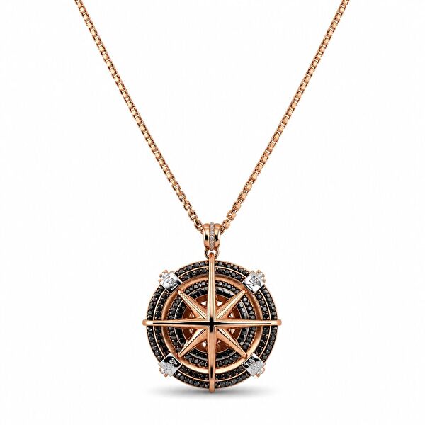 Siyah Taşlı Rose Gold Pusula Madalyon Kolye