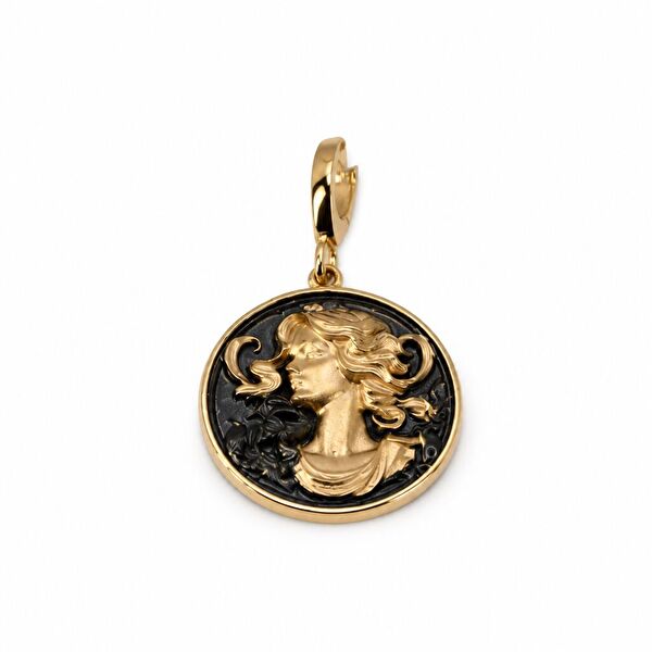Art Nouveau Kadın Profil Figürlü Siyah Zeminli Charm Madalyon